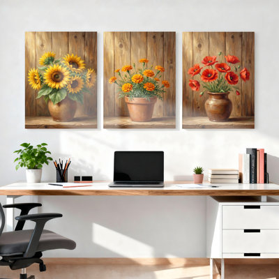 Ensemble de 3 tableaux muraux floraux sur toile, représentant des tournesols, des œillets d'Inde et des coquelicots, pour la décoration du salon, de la cuisine ou de la chambre.