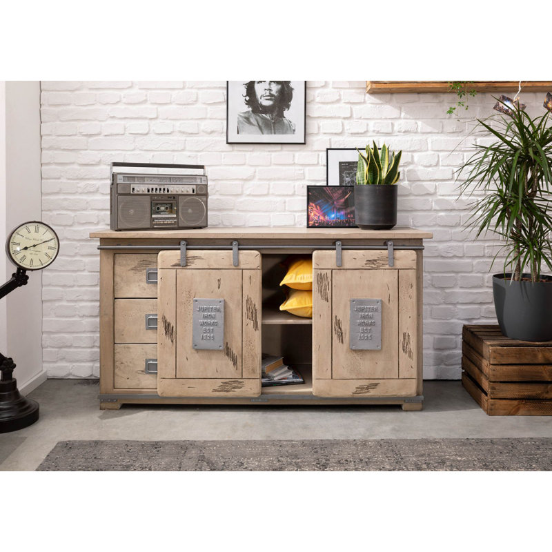 Railway 150cm Solid Wood Sideboard, Whitewash Lacquered