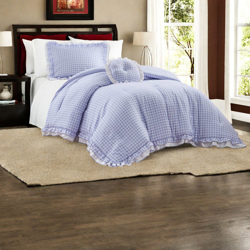 Soft Microfiber 3-piece Twin/twin Xl Bedding Set, Romantic Layered Design With Gingham Ruffles