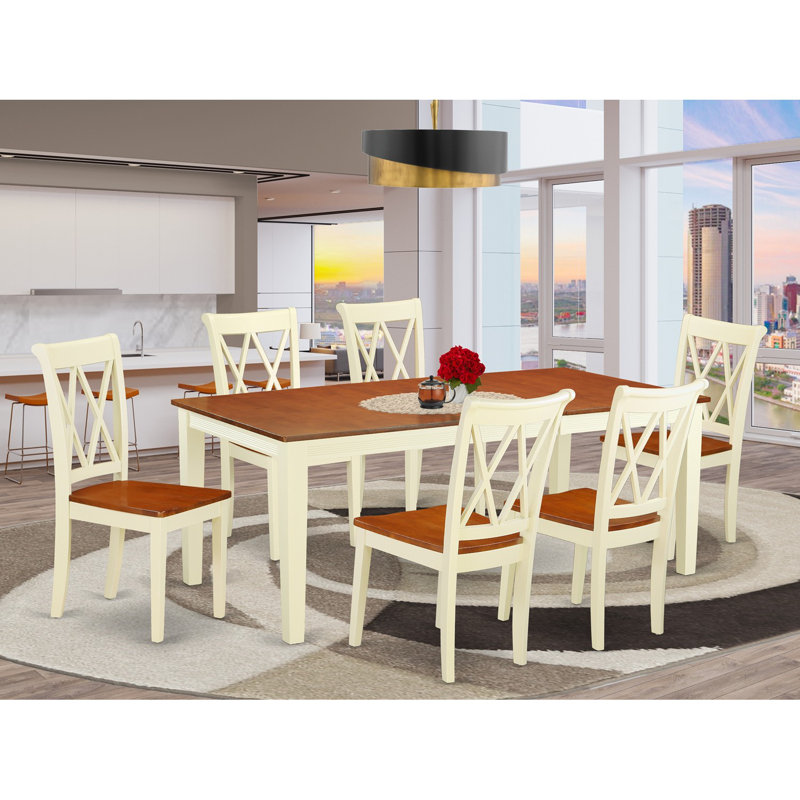 Ensemble de table de salle à manger 7 pièces composé d'une table rectangulaire en bois avec feuille papillon et 6 chaises de cuisine, babeurre et cerise