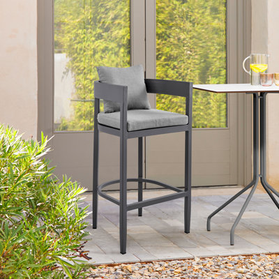 Volker Outdoor Patio Counter Height Bar Stool In Aluminum With Gray Cushions - Set Of 3