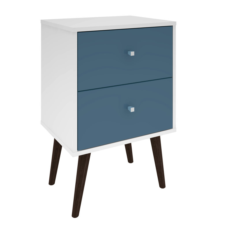 Table de chevet 2 tiroirs Liberty Mid-Century moderne bleu turquoise et blanc, Blanc / Bleu aqua