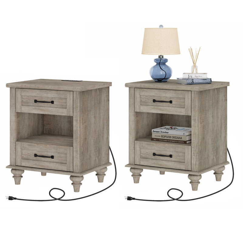 Agathy Set Of 2 Nightstands Side Table With Two Drawers & Open Shelf, Gray