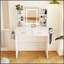 Coiffeuse à miroir à DEL avec lumières réglables 3 couleurs, 2 grands tiroirs, support pour sèche-cheveux et sac de rangement non tissé pour femmes et filles
