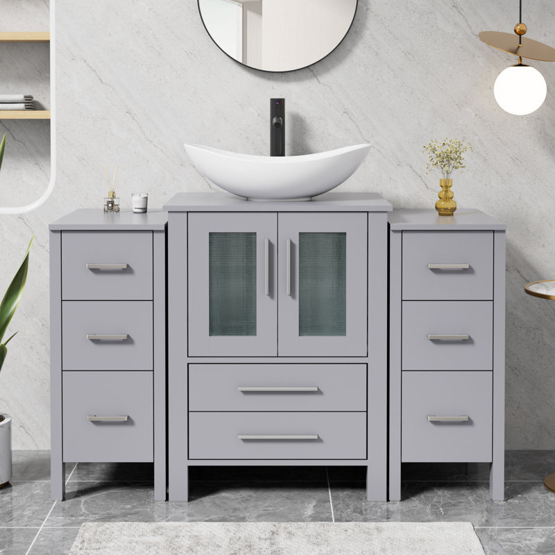 Sharee 48" Single Bathroom Vanity With Vessel Sink, Manufactured Wood Top, Faucet And Drain, Gray
