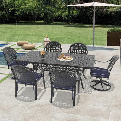 6-Person Rectangular Cast Aluminum Patio Dining Set with 2 Swivel Chairs & Cushions & Umbrella Hole