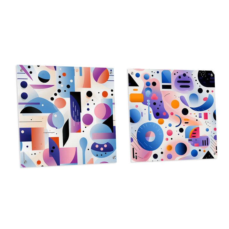 Mauve et rose Designer Dot and Waves - Ensemble abstrait géométrique en acrylique mural, H 16 po x l 33 po