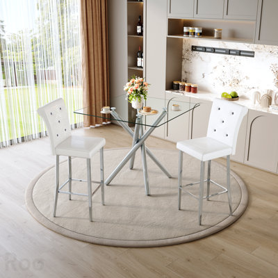 Ensemble de 2 tables de bar et tabourets de bar à hauteur fixe en verre Modern