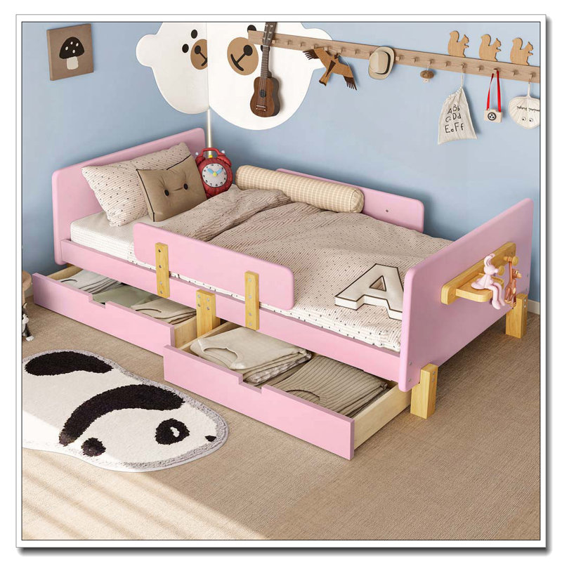 Lit plateforme avec tiroirs de rangement, structure de lit en bois massif avec garde-corps, petite tablette et crochets, Rose