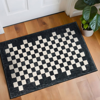 Tapis contemporain à bordure à carreaux lavable et antidérapant