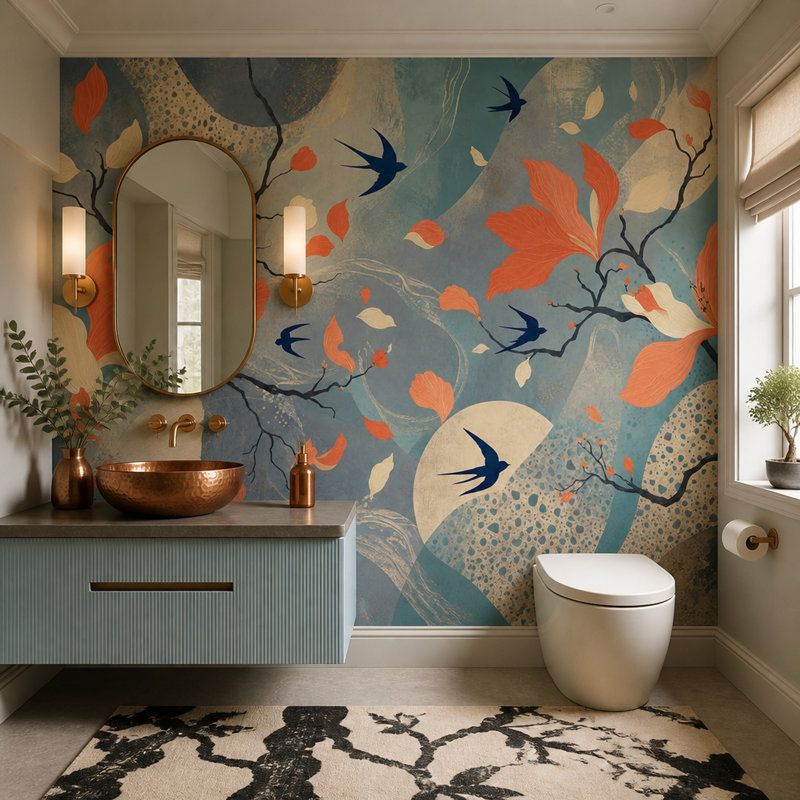 Décoration murale amovible à motif floral abstrait oiseaux, 160 po x 108 po, Peler et coller