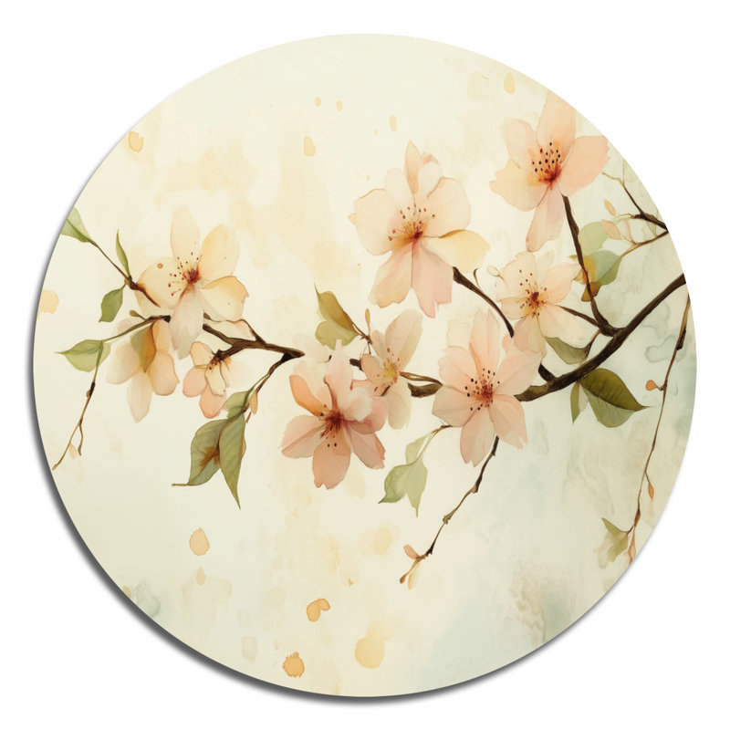 Fleurs de cerisier brunes terreuses - art mural floral rond en métal, L 16 po x H 16 po