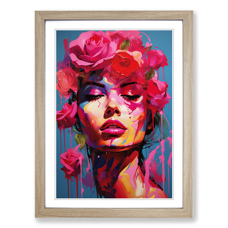 Rose Pop - Single Picture Frame Print on Wood, Oak, 34cm H x 25cm W x 2cm D