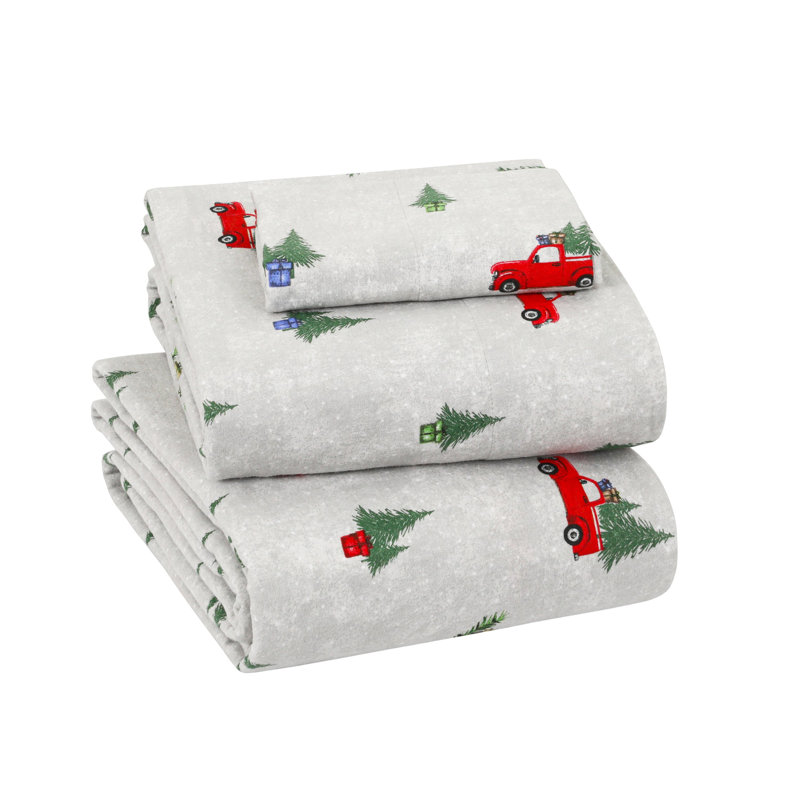 Colyt 100% Cotton Flannel Sheet Set, Twin XL Case Pack + Fitted Sheet + 2 Pillowcases, Truck Tree