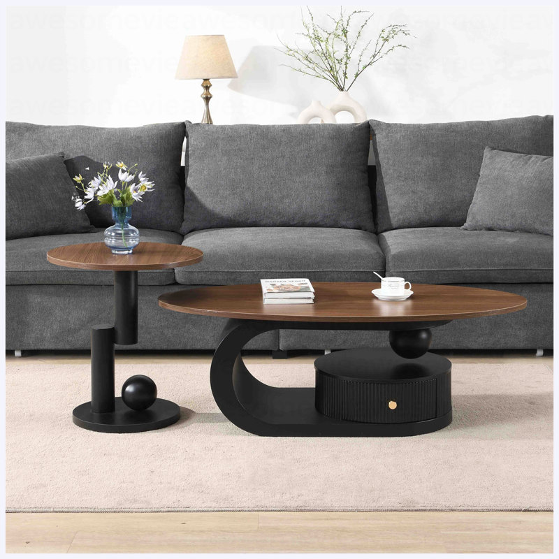 Ensemble de 2 tables gigognes Luxury, Brun antique, Bois, Noir