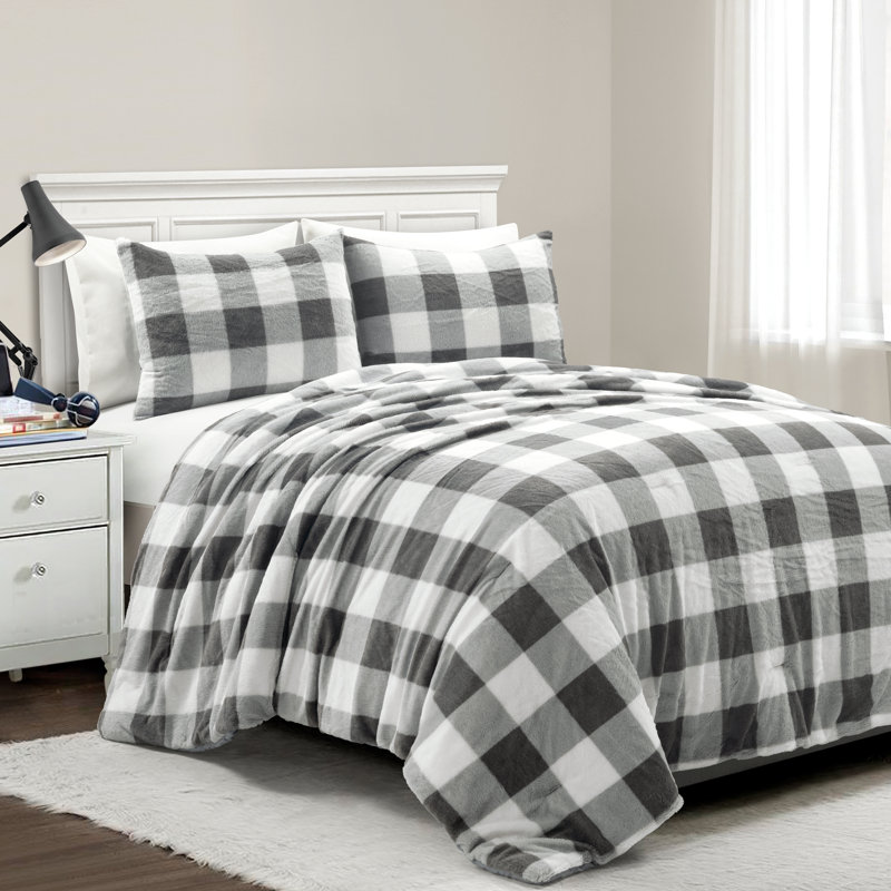 Light Gray Twin Plaid Faux Fur Comforter Set