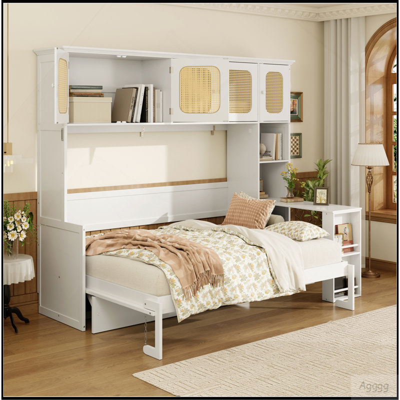 Full Murphy Bed with Desk and Rattan Cabinets, Space-Saving Wall Bed for Home Office, Black, White