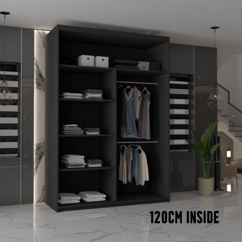 Nyhagen 2 Door Manufactured Wood Wardrobe, 217cm H x 120cm W x 62cm D, Black