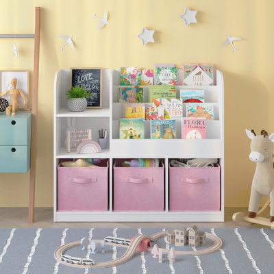Kids Bookcase and Bookshelf, Multifunctional Bookcase with 3 Collapsible Fabric Drawers, Bookcase Display Stand, Toy Storage Organizer for Bedroom, Playroom, Hallway
