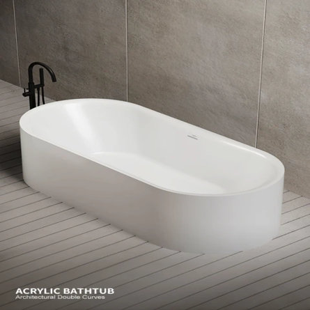 White freestanding acrylic bathtub with architectural double curves and a modern black floor-mounted faucet in a contemporary bathroom with stone-look wall tiles.