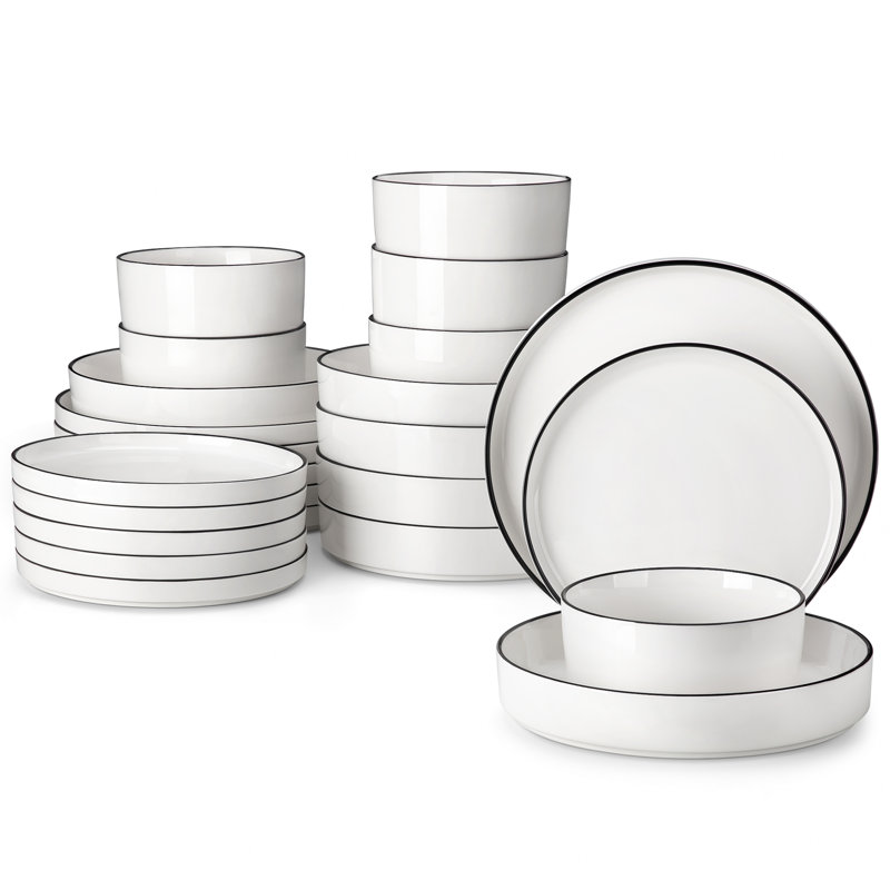 24 Piece Porcelain China Dinnerware Set - Service for 6, White/Black