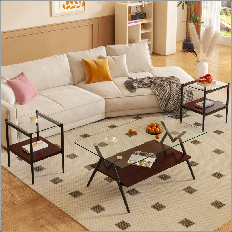 Ensemble de 3 tables basses et tables de bout, Transparent, Brun / noir