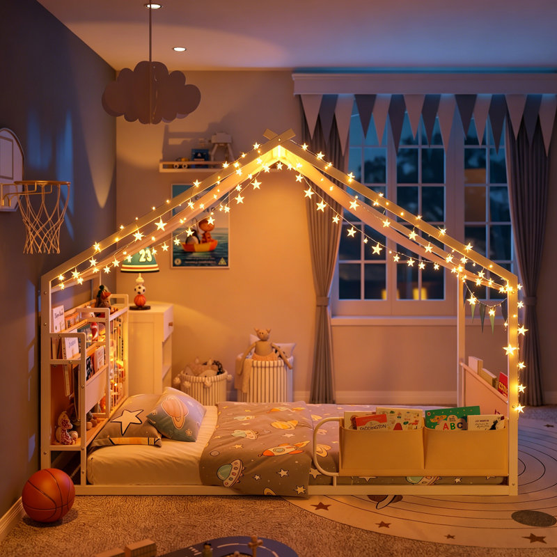 Lit simple Montessori avec structure de toit, lit pour tout-petit Lit simple pour enfants avec garde-corps de sécurité, lit Montessori pour garçons, cadre de lit robuste pour enfants