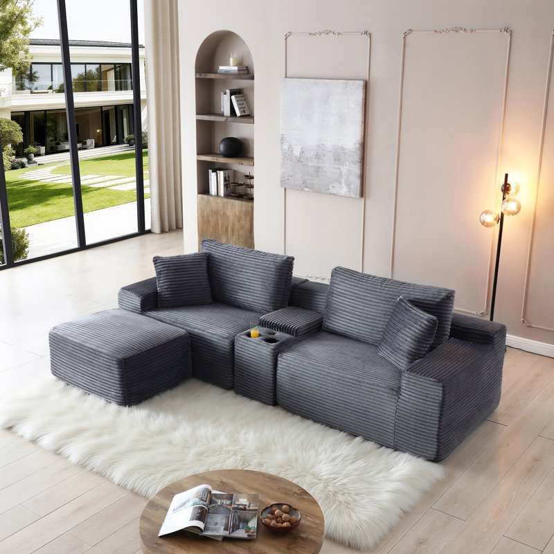 Canapé modulaire modulaire, canapé en nuage de velours côtelé à siège profond avec porte-gobelets, ports USB et boîte de rangement, canapé-lit, canapé-lit sans dossier avec repose-pieds mobile pour le salon, aucun assemblage requis, gris