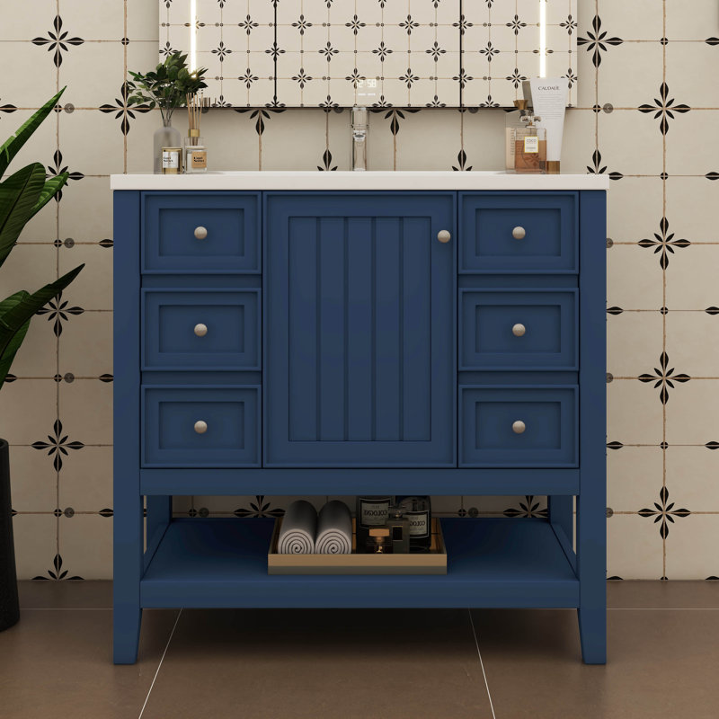 Ensemble de meuble-lavabo de salle de bain 36 po avec armoire et trois tiroirs, Bleu