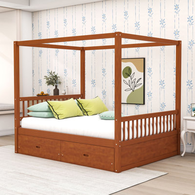 Wood Canopy Bed with Storage Drawers