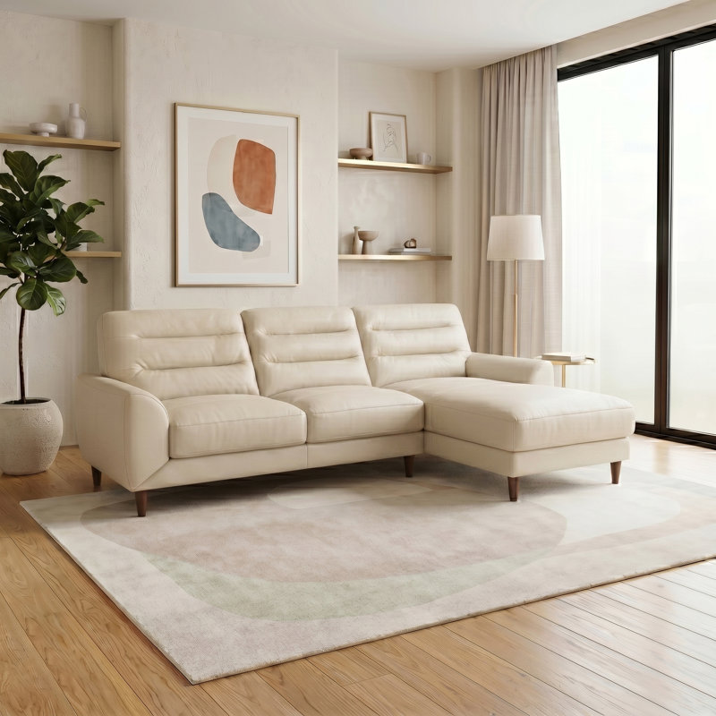 Isbell Contemporary Genuine Leather Sectional Sofa With Channel Stitching, Cream Genuine Leather/Foam Padding
