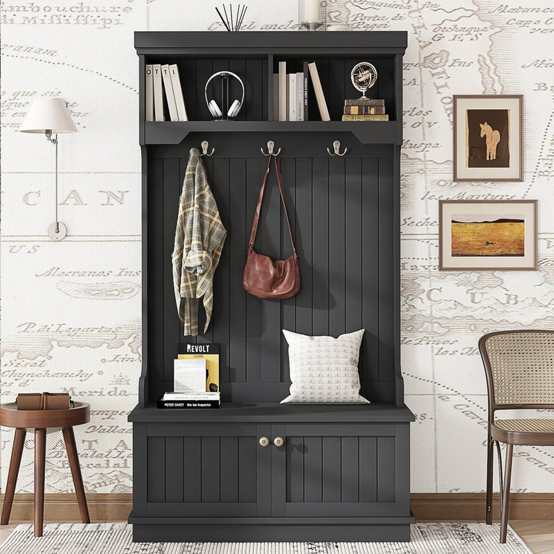 Arbre d'entrée multifonctionnel avec banc à chaussures de rangement, conception 4 en 1 pour vestibule et couloir, portemanteaux avec crochets et tablettes