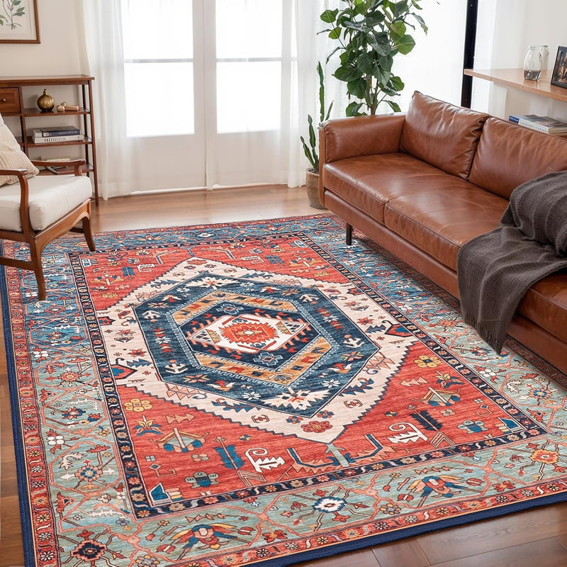 Vibrant Red Blue Tribal Rug 5' x 7' for Playroom
