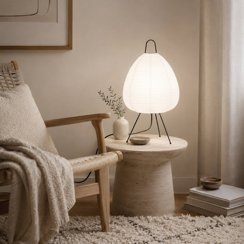 Lampe de table minimaliste en papier avec base trépied, lumière ambiante douce
