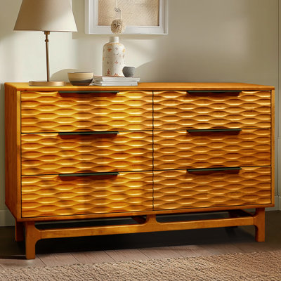 ACACIA Elara 6-Drawer Solid Wood Dresser – Horizontal Bedroom Wood Dresser With CNC Wave Texture – Mid-Century Wide Chest Of Drawers, 5 Years Warranty by Acacia