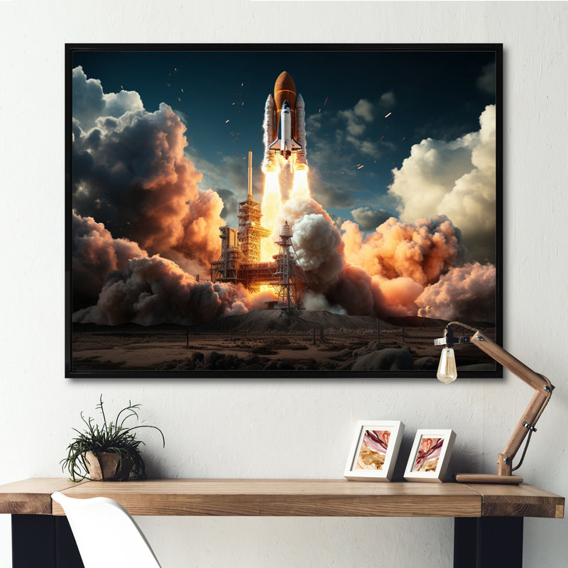 Lancement de fusée I sur toile, Cadre flottant noir, H 34 po x l 44 po x P 1,5 po