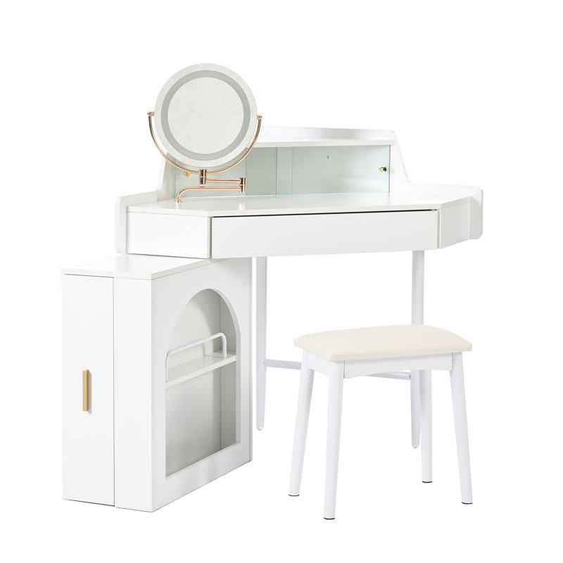 Ensemble de coiffeuse de maquillage avec miroir à lumières DEL et armoire d'appoint mobile, Blanc