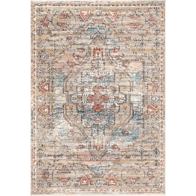 Tapis médaillon Machado pour le salon, la chambre et la cuisine, beige / ivoire, Rectangle 9 pi x 12 pi
