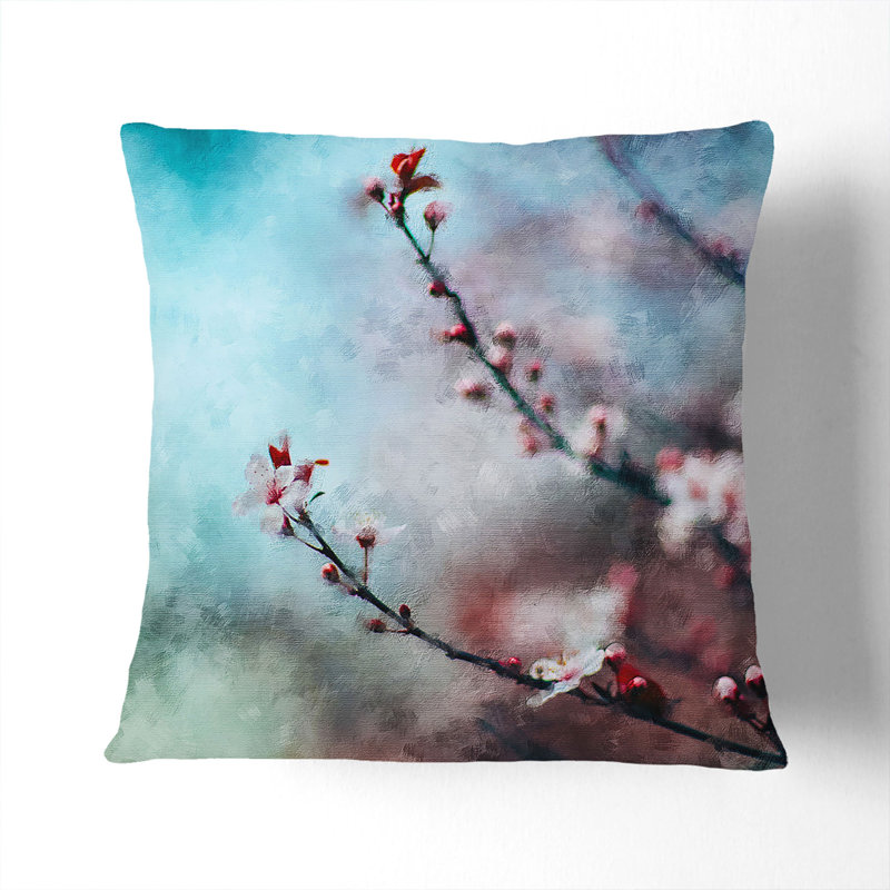 Pale Pink Cherry Blossom Tree Painting Scatter Cushion with Filling, Black, 40cm H x 40cm W x 15cm D