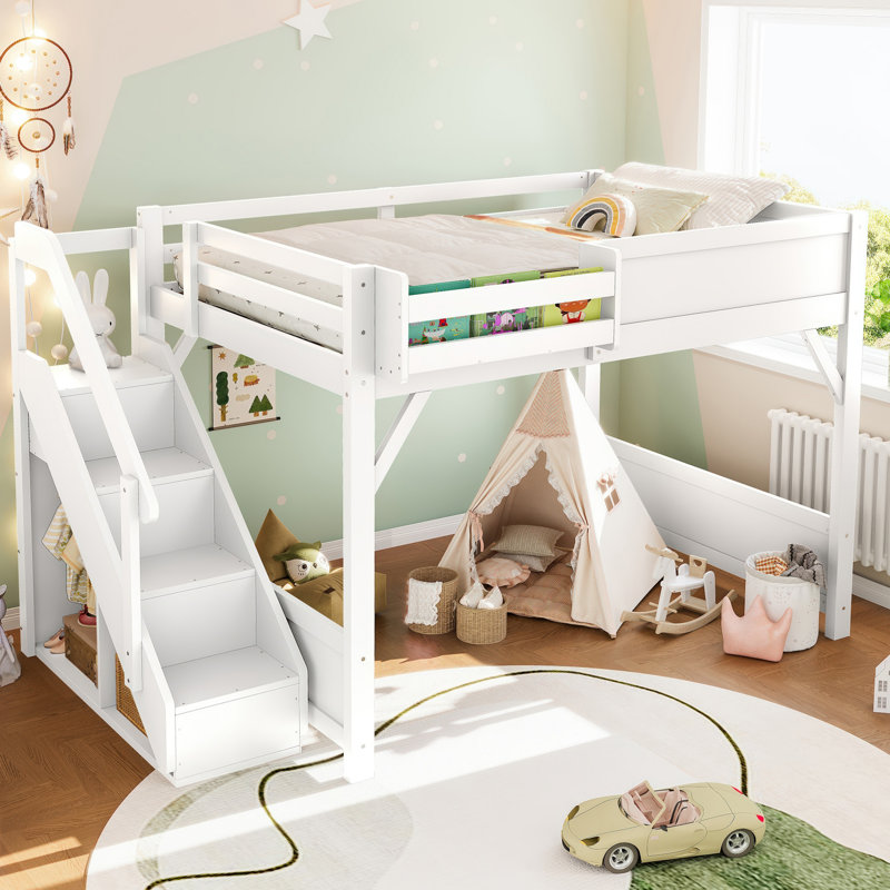 Lit mezzanine double en bois massif pour enfants avec garde-robe intégré et tablettes à côté, Lit double, Blanc