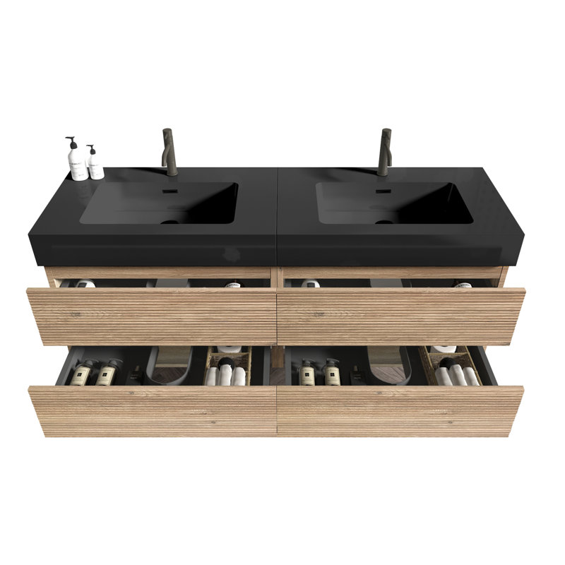 60''(30Inch*2) Bathroom Vanity with Matt Black Engineered Quartz Sink and Rough Oak Drawers, Wall Mounted Floating Bathroom Vanity for Modern Bathroom, without drainage and faucet