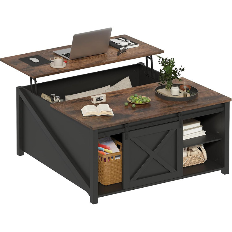 Lift Top Coffee Table with Storage, 31.5" Farmhouse Coffee Table for Living Room, Square Coffee Tables with Large Hidden Storage and Sliding Barn Doors, Black