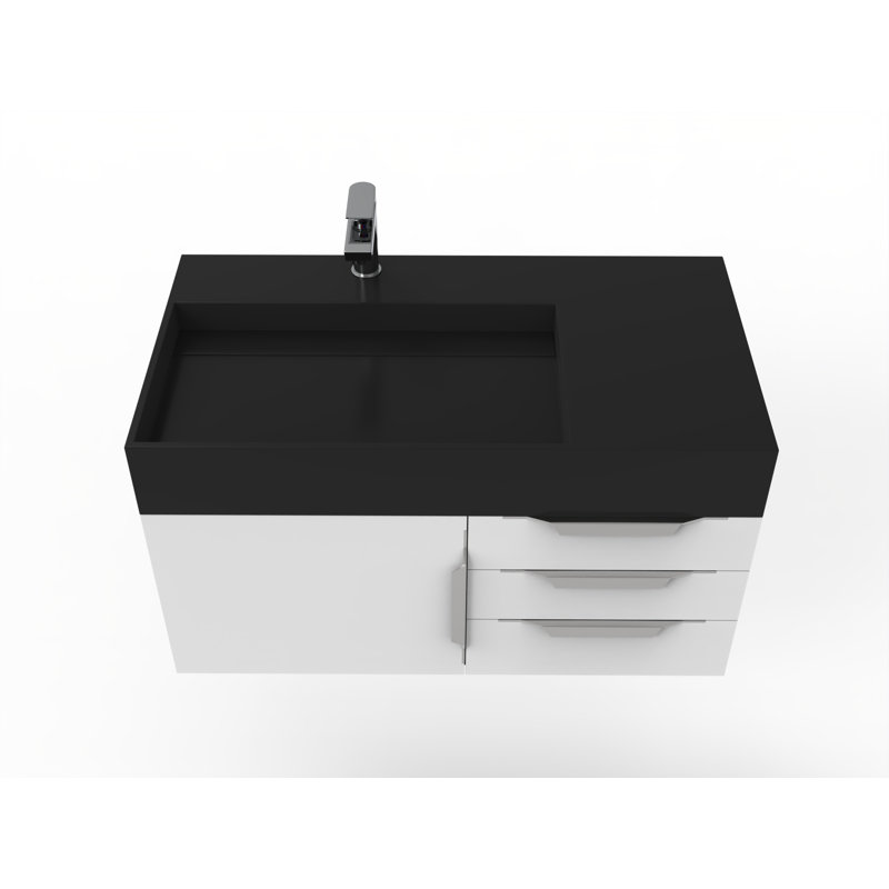 Ensemble de meuble-lavabo mural simple 36 po Bassi, Blanc, Chrome, Noir