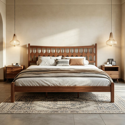 King Size Bamboo Platform Bed with Diamond-Shaped Headboard, Solid Bamboo Bed Frame with Support Slats, No Box Spring Needed, for Bedroom, Guest Room, Apartment, Dorm, Brown