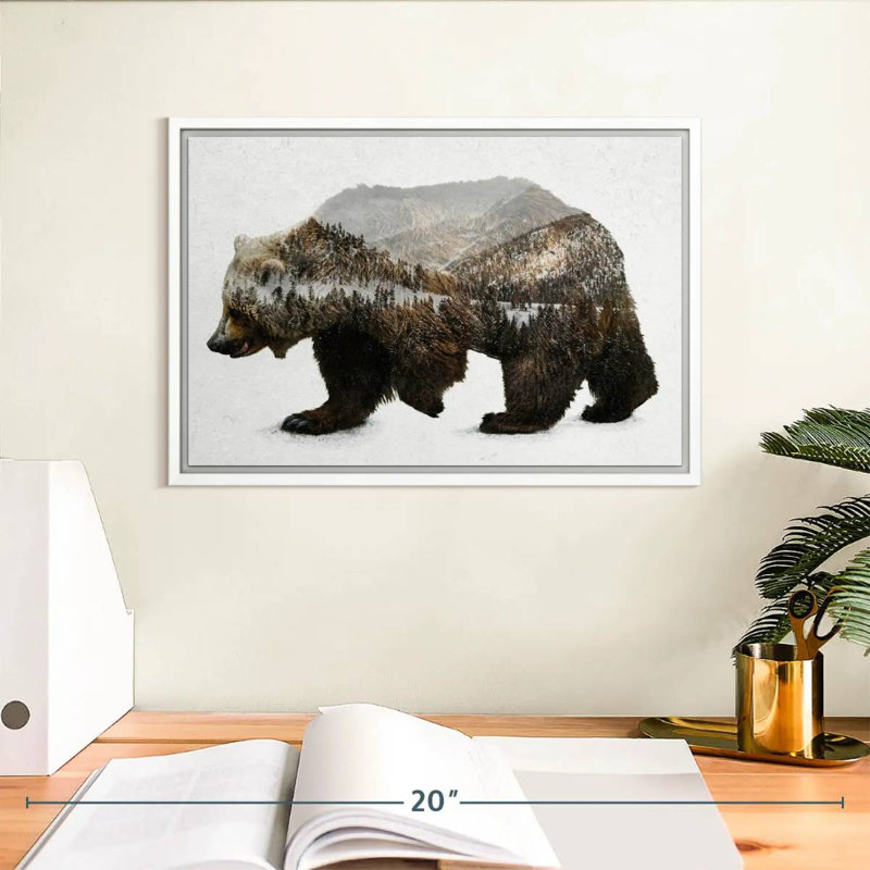 The Kodiak Brown Bear, Floating Frame White, 13" X 9"