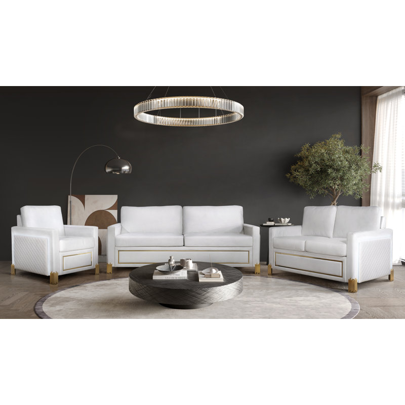Ensemble de salon 3 pièces en velours blanc glamour avec pieds dorés et éclairage à DEL - canapé, causeuse et fauteuil