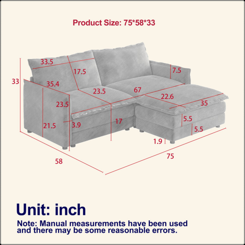 Corduroy Fabric Loveseat Sofa Couch With 1 Footrest For Living Room,2 Seater L-Shaped Sectional With Ottoman, Upholstered Large Size Deep Seat 2-Seat Sofa With 2 Cushions