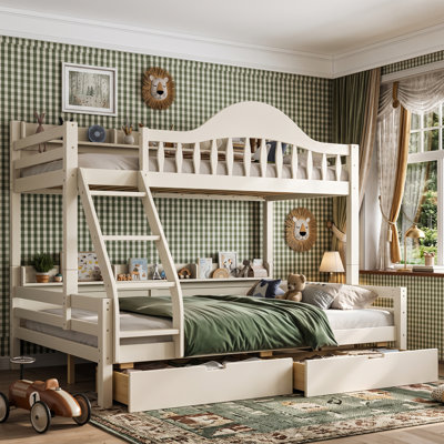 Solid Wood Twin Over Full Bunk Bed with Under-Bed Drawers, Space-Saving Kids Bed with Bookshelf, Natural