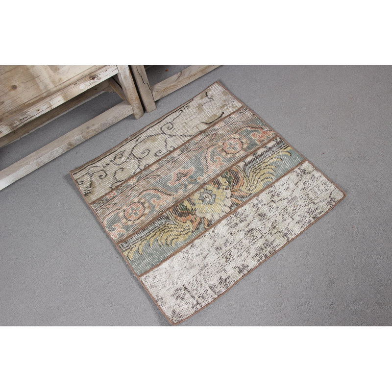 Tapis de porte turc rétro fabriqué à la main avec des motifs floraux beiges et bleus comme décoration de hall d'entrée unique