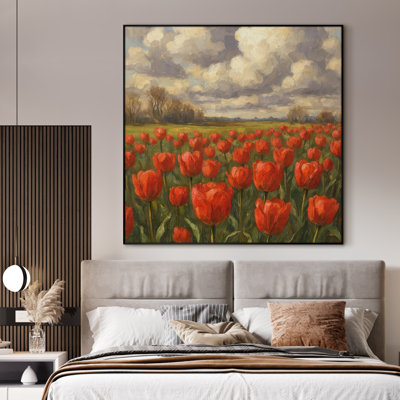 Très grand imprimé floral sur fond de champ de fleurs - décor de paysage rétro pour le salon ou la chambre à coucher, assemblage de cadre requis